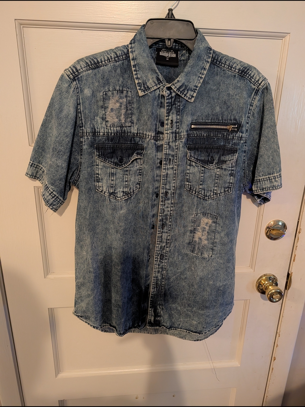 Men's Short Sleeve Washed Denim Button-Down Shirt - Blue